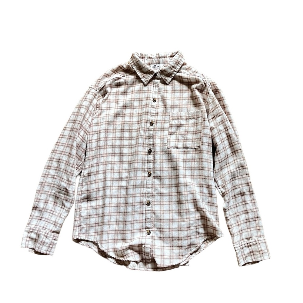 Hollister White and Brown Plaid Flannel Button Up Shirt